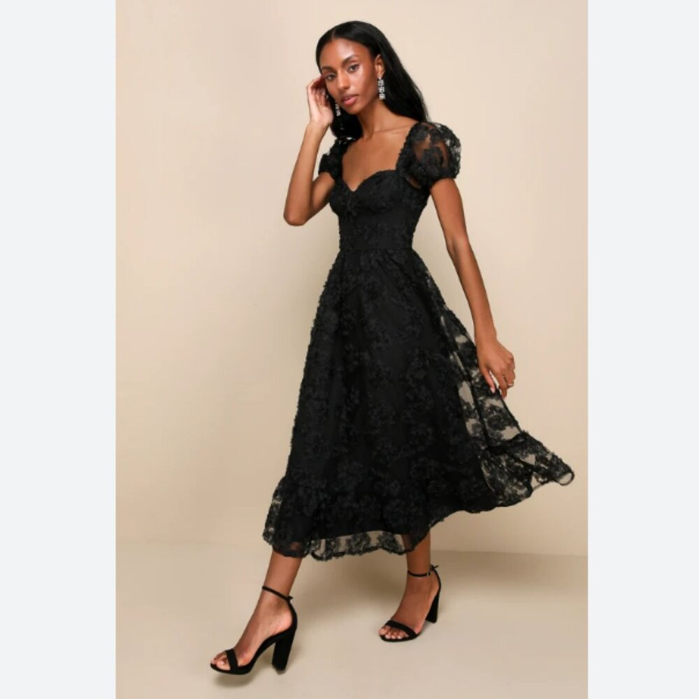 Lulus Notable Elegance Black Mesh Floral Applique Bustier Midi Dress
